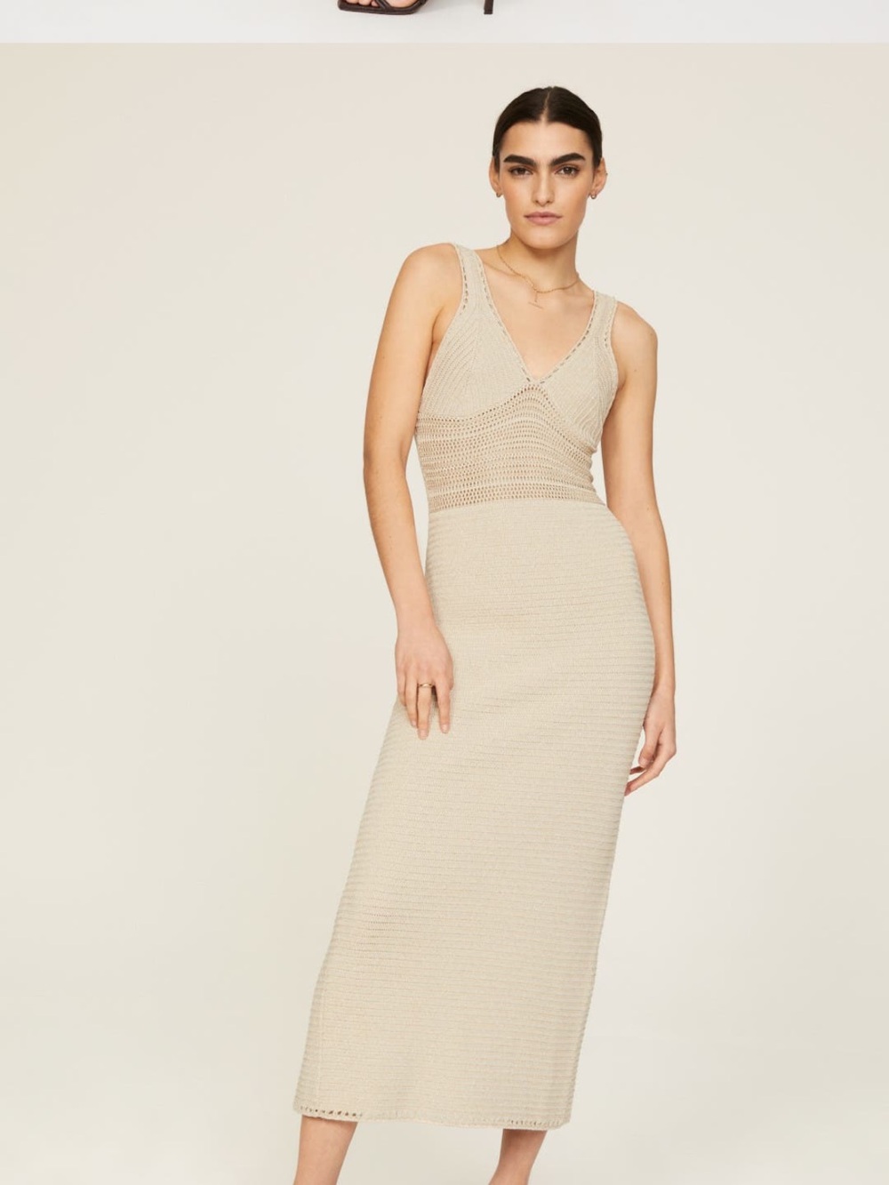 Sleeveless V-Neck Knit Midi Dress in Beige Ronnie Kobo XL